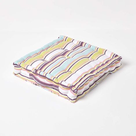 HOMESCAPES Cotton Osaka Green Stripes Floor Cushion, 50 x 50 cm