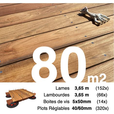 Kit complet terrasse bois exotique JATOBA pour 80 m² • Lames 3,65 m, lambourdes 3,65 m, plots réglables et visserie Inox • Livraison gratuite