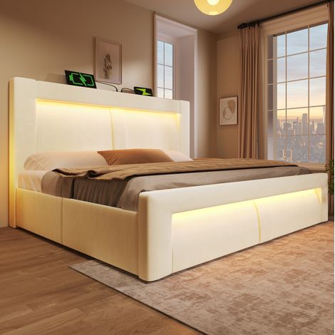 DESVIAE Lit double 160 x 200 cm avec rangement hydraulique LED USB Type C tête de lit incurvée en velours beige (1/5)