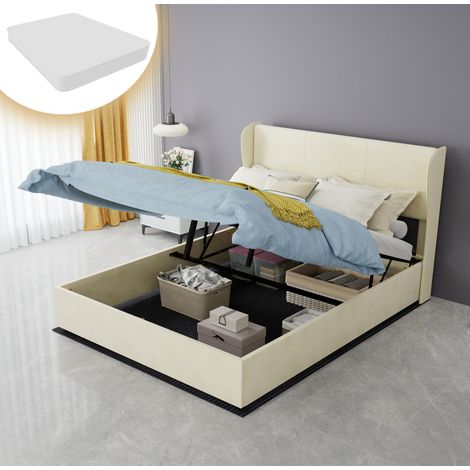 Letto matrimoniale moderno imbottito in tessuto beige 140x200 cm con testiera morbida