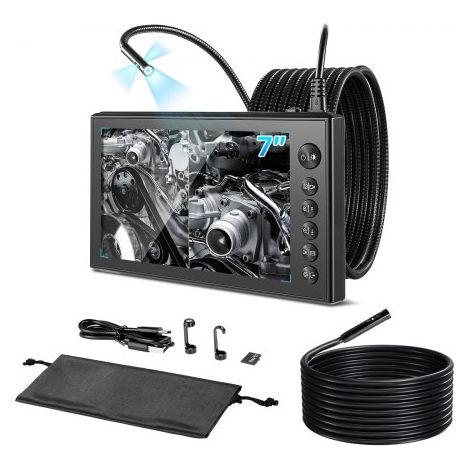 Triple Lens Endoskopkamera mit 7 Zoll Bildschirm, 5000mAh Akku Inspektionskamera mit 5m 3m Kabel Splitscreen 8X Zoom 180° Bildrotation IP67 Wasserdicht, Industrie Endoskop mit LED für Auto Rohre (1/5)