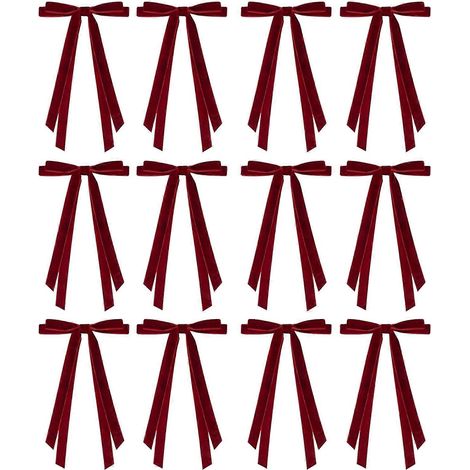 12 Pièces velours Noël ruban nœuds décoratifs, 6"x8" vintage couronne décorations pour le sapin guirlande,Rouge vin (1/5)