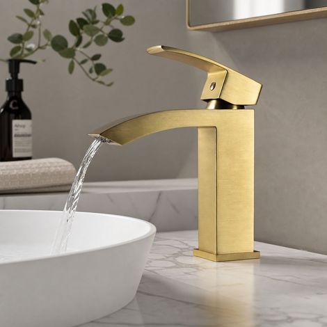 Robinet lavabo cascade acier inoxydable 304 finition or brossé mitigeur monocommande hauteur 150mm pour vasque à poser avec flexibles (1/5)