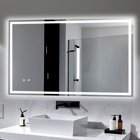 Bathroom Mirror with Lighting, 100 x 60cm LED Mirror, Dimmable Mirror, Anti-Fog, Suitable for Bathroom, Bedroom, Hotel (1/5)