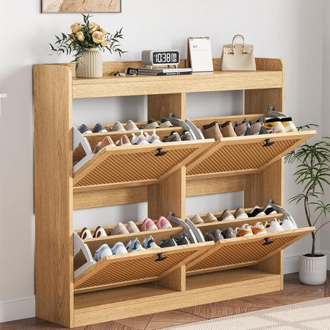 Meuble chaussures rotin 4 tiroirs étagères ajustables entrée (1/5)