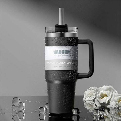 Mug isotherme noir avec couvercle et paille, grande capacité 1200 ml, en acier inoxydable 304, mug de voyage. (1/5)