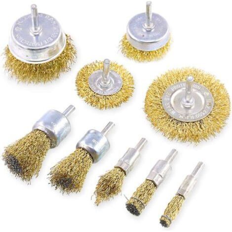 Pr 9-Piece Brass Coated Wire Brush Set with 2.5" Shank, 9 Sizes Coated Wire Brushes Great for Removing Rust, Corrosion, Paint (1/5)