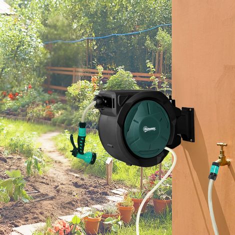 Enrouleur Tuyau Arrosage Mural 30 m x Ø 15 mm Dévidoir Automatique de Tuyaux d'Eau Rétractable Automatique vert (1/5)