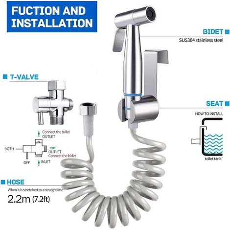 Set doccetta bidet per bidet e accessori WC con tubo flessibile telescopico lungo e supporto, soffione doccia in acciaio inox, doccetta per pannolini (1/2)