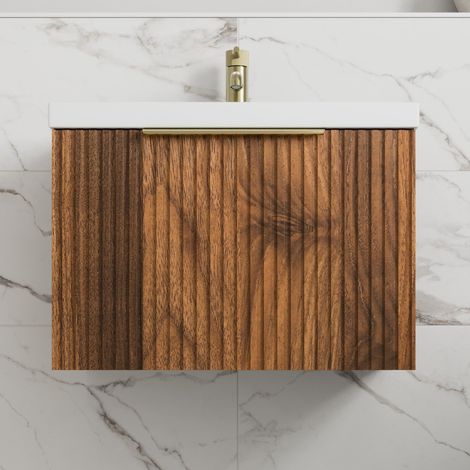 Fluted 600mm Bathroom Vanity Unit Basin Wall Hung Cupboard Soft Close Walnut (1/5)