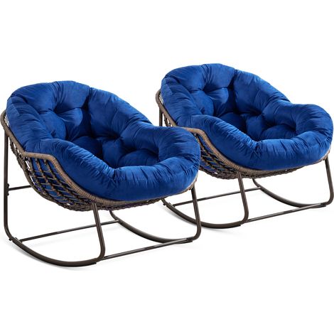 Poltrona a dondolo in rattan sintetico blu navy con cuscino imbottito e struttura in acciaio (1/5)
