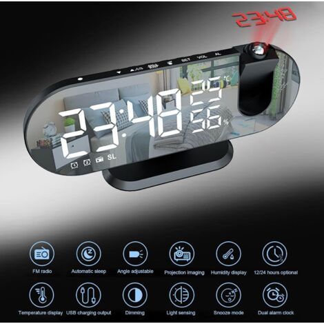 Sveglia Proiettore da Soffitto, Orologio Digitale con 180° Proiettore, Display a 7 Segmenti, 4 Livelli di Luminosità, Temperatura e Umidità Regolabili, Data, per Camera, Casa, Ufficio (1/4)