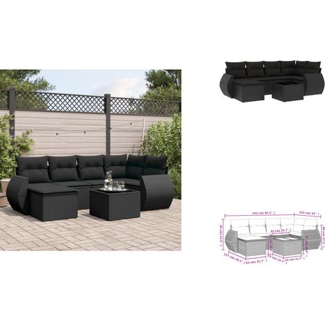 7-tlg. Garten-Sofagarnitur mit Kissen Schwarz Poly Rattan - Gartenmöbel - Outdoor Möbel - Rattan Gartenset - Lounge Set - Esstisch (1/3)
