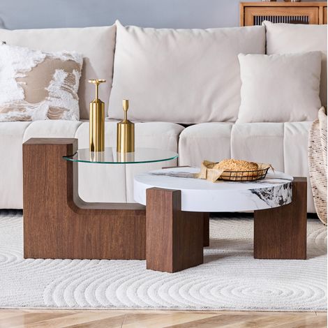 Table basse gigogne ronde Ø61/44 cm noyer et blanc, 2 tables séparables en MDF et verre MEUBLIV (1/5)
