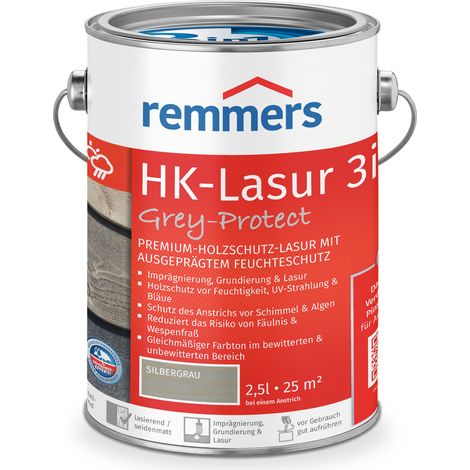 Remmers HK-Lasur 3in1 Grey-Protect silbergrau, 2,5 Liter, Holzlasur für Vergrauung außen, 3 Holzschutz Produkte in einem, Feuchtigkeit- und UV-Schutz