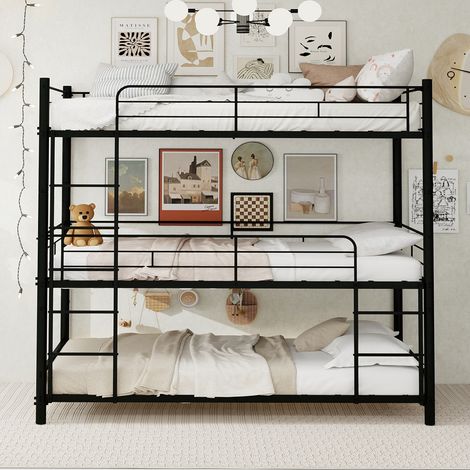 Cadre de lit moderne trois niveaux 90x190 cm avec échelle intégrée, garde-corps pleine longueur et base antidérapante, pour chambre enfant, ado ou adulte. (1/5)