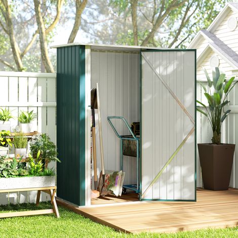 Capanno Porta Attrezzi in Metallo con Tetto Inclinato e Porta Bloccabile, 142x86x189 cm, Verde