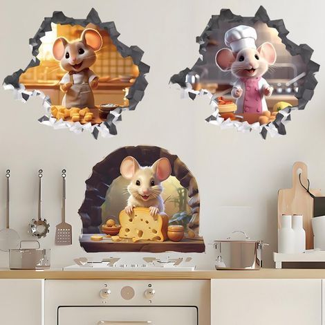 3D Humanoid Wall Stickers - Cute Cafe Mouse for Kids' Room, Fun Decor