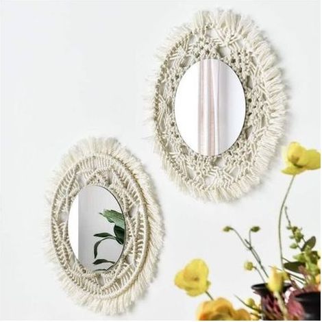 Lot de 2 miroirs muraux macramés Faits à la Main à Suspendre avec Franges Rondes pour Appartement, Salon, Chambre à Coucher, Chambre à Coucher, décoration de la Maison Moderne (1/5)