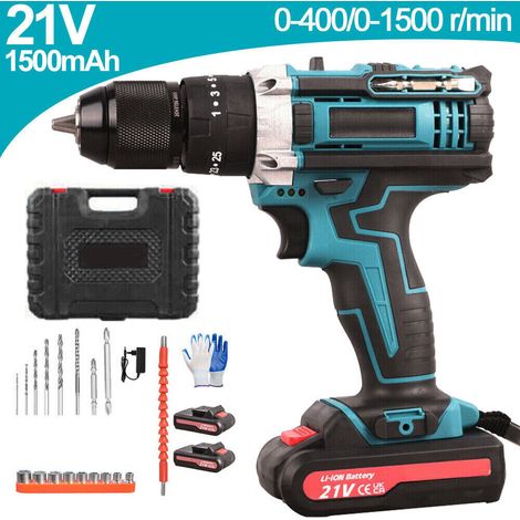 Perceuse-Visseuse Sans Fil 21V 3-en-1 Bleue – Moteur sans Charbon – 2 Batteries Li-ion 1500 mAh – Mandrin Autobloquant 10 mm – 33 Accessoires – LED Intégrée – Mallette Incluse (1/5)