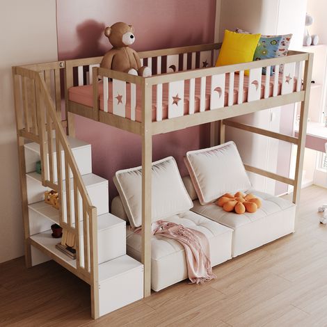 Lit mezzanine enfant en bois massif naturel/blanc 90x200 cm avec escalier de rangement, garde-corps étoiles et lune