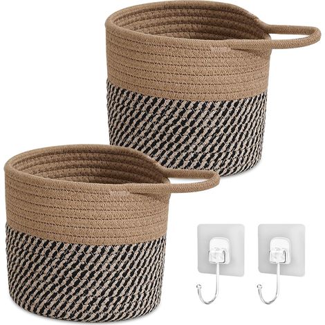 Ensemble de paniers suspendus JeiibrZui - 15 x 16 cm - 2 pièces - Marron et noir - Corde tressée en coton - Rangement mural pour cuisine, salle de bain, chambre et salon (1/5)