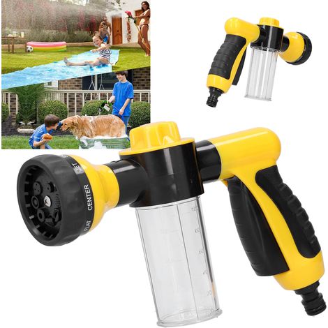 Distributeur de mousse pour voiture avec 8 modes de pulvérisation d'eau, outil de nettoyage (avec papier bulle), jaune. (1/5)