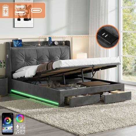 4ft6 Double Upholstered Bed Frame with Hydraulic and Drawers Storage, Back Cushion Headboard with Charging Station, Velvet Ottoman Hydraulic Bed with RGB LED Lighting, Grey (No Mattress)