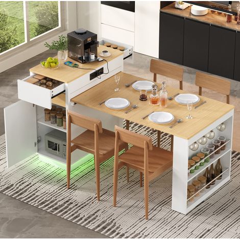 Meuble de bar extensible 58-154x80,5x94 cm avec LED, USB/Type-C, rangements, en MDF, blanc et bois naturel (1/5)