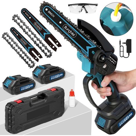 Akku-Kettensäge, bürstenlose 21 V Kettensäge, 6/8-Zoll-Kettensäge, 8000 mAh Kettensäge, Mini-Akku-Kettensäge, 2 Ketten, 2 Kettenführungen