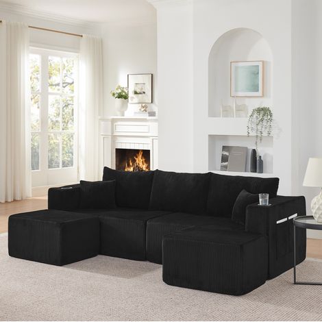Divano angolare modulare a 3 posti con pouf mobili, portabicchieri, tasche laterali, imbottitura in schiuma - nero (1/5)