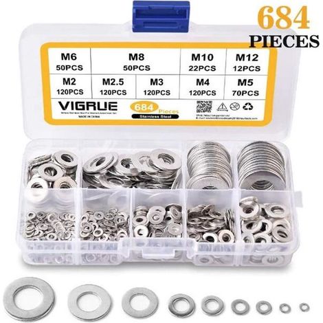 684 Pièces Inox Rondelles Plates Metal, pour Gonds de Porte, 9 Tailles Rondelles Acier Inoxydabl 304 -Rondelle Carrossier Inox(M2-M12) (1/5)