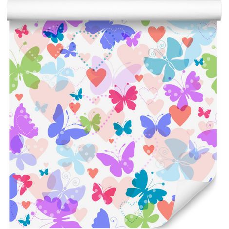 Papier peint papillons et cœurs colorés pour salon et chambre 50x1000 cm (1/5)