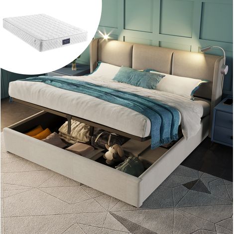 DESVIAE Lit coffre rembourré 160 x 200 avec sommier tête de lit avec liseuse et charge USB beige métal lin (1/5)