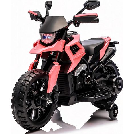 Moto Électrique Enfant 6V, 3 à 6 Ans, Roues Stabilisatrices, Phares, Musique & Klaxon, 85 x 58 x 42 cm, Rose pâle (1/5)