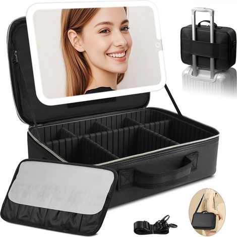 Trousse de Maquillage avec Miroir LED Amovible, Grand 38X28cm Professionnel Sac de cosmétiques de Voyagea de Lumineux, boîtier de Maquillage avec Miroir éclairé, 3 Modes d'éclairage,Cuir PU (1/5)