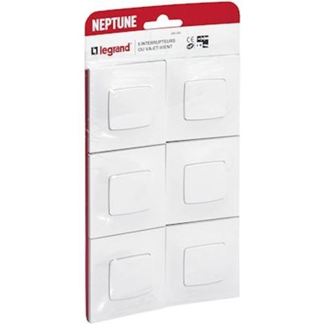 Legrand – Lot de 6 interrupteurs va-et-vient 10A complet – Installation encastrable avec fixation à vis – Design blanc – Gamme Neptune