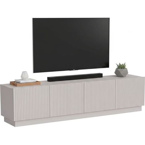 Mobile porta TV Macherio, Madia da salotto con quattro ante battenti, Design minimal e moderno, 200x40 h48 cm, Beige