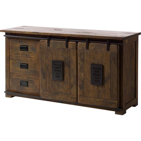 Massivmoebel24 – Buffet en bois de manguier huilé – Style industriel – 3 tiroirs – Portes coulissantes – Finition laquée brune translucide (1/3)