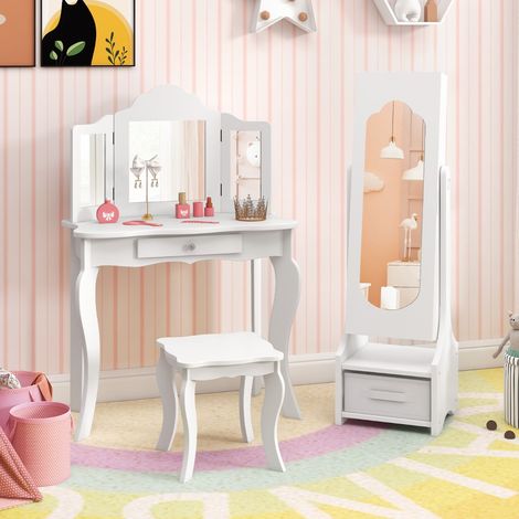 Armoire à Bijoux pour Enfants Miroir sur Pied Pleine Longueur avec Rangement et 2 Angles d’Inclinaison Miroir de Coiffure pour Enfants Blanc (1/3)