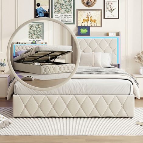 Letto contenitore 160x200 cm con testiera LED e porte USB - Rete idraulica e vano contenitore XXL - Velluto - Beige