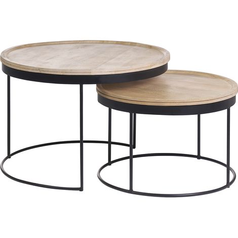 Miliboo – Tables basses gigognes rondes en manguier massif et métal noir – Dimensions 75x75x52 cm et 61x61x41 cm – Artisanales et empilables (1/5)