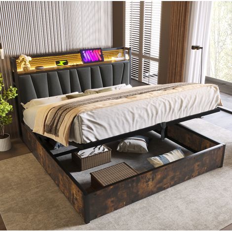 Cama 180x200 cm gris en lino y metal con LED RGBW, puertos USB y almacenamiento (1/5)