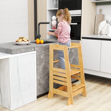 Tour d'Apprentissage pour Tout-Petit Tabouret Escabeau en Bambou pour Enfants avec Hauteur Réglable sur 4 Niveaux pour 18 Mois+ Naturel (1/3)