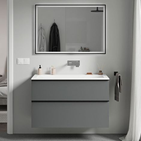 BERNSTEIN - Mobile lavabo sospeso MDF Antracite opaco, lavabo Ghisa Bianco opaco senza foro rubinetto, maniglia Nero opaco 100x46x62cm - LAVOA	Antracite opaco, Nero opaco, Bianco opaco senza foro rubi