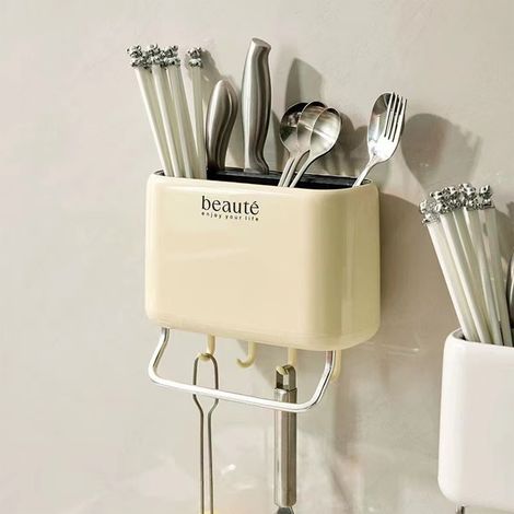 Organisateur Mural Pour Ustensiles De Cuisine - Support À Couteaux Et Couverts - Râtelier Murale Avec Crochets Et Emplacement Pour Serviettes - 20,8 x 10,3 x 13 cm - 1 Pièce (1/5)