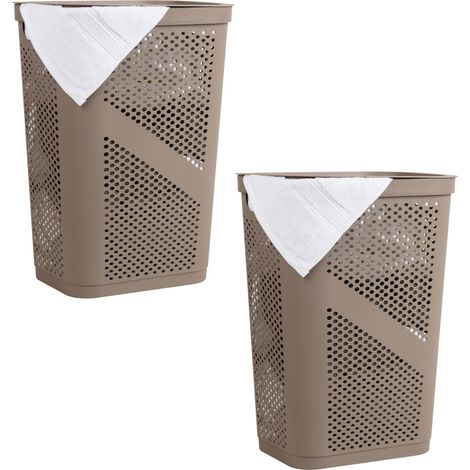 Lot de 2 paniers à linge en plastique avec couvercle ventilé, 60 L, marron clair (1/5)