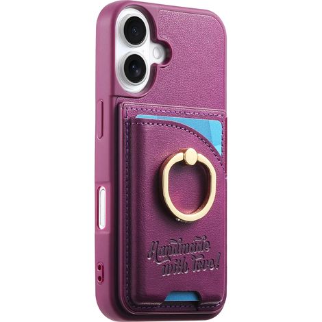 (Violet, pour iPhone 17 Pro Max) Étui portefeuille et porte-cartes en cuir véritable, résistant aux chocs et doté d'un anneau de maintien.