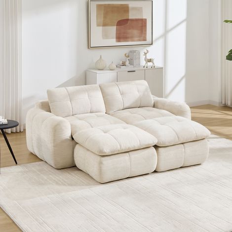 Canapé modulable 194x160x68 cm – canapé lounge 2 places avec pouf assise épaisse modules séparables – chenille – beige (1/5)