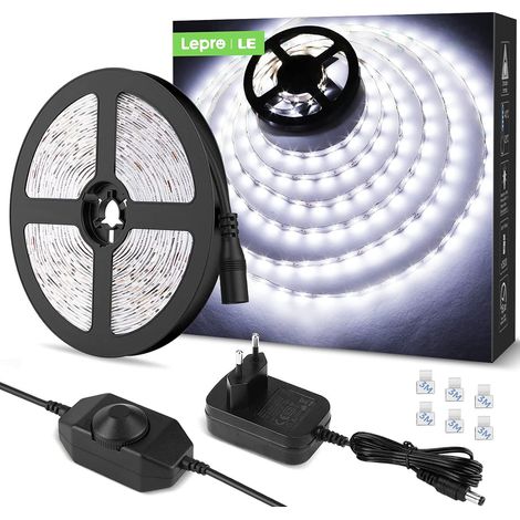 5M LED 1200LM Blanc Froid Dimmable, 12V 6000K 300LEDs 2835, Bande LED Autocollant avec Variateur, Connecteurs+Transformateur, Eclairage Intérieur pour Meuble, Escalier, Chambre, Cuisine (1/4)